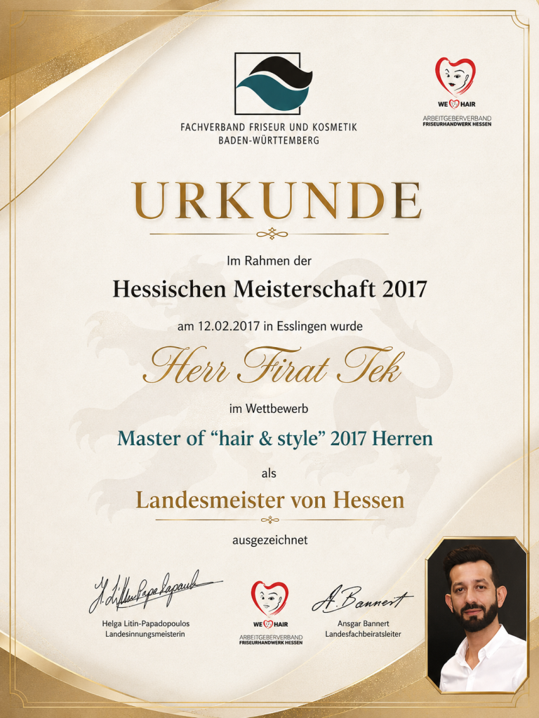 Meisterschafts-Urkunde: Eine Urkunde zur Landesmeisterschaft im Friseurhandwerk.