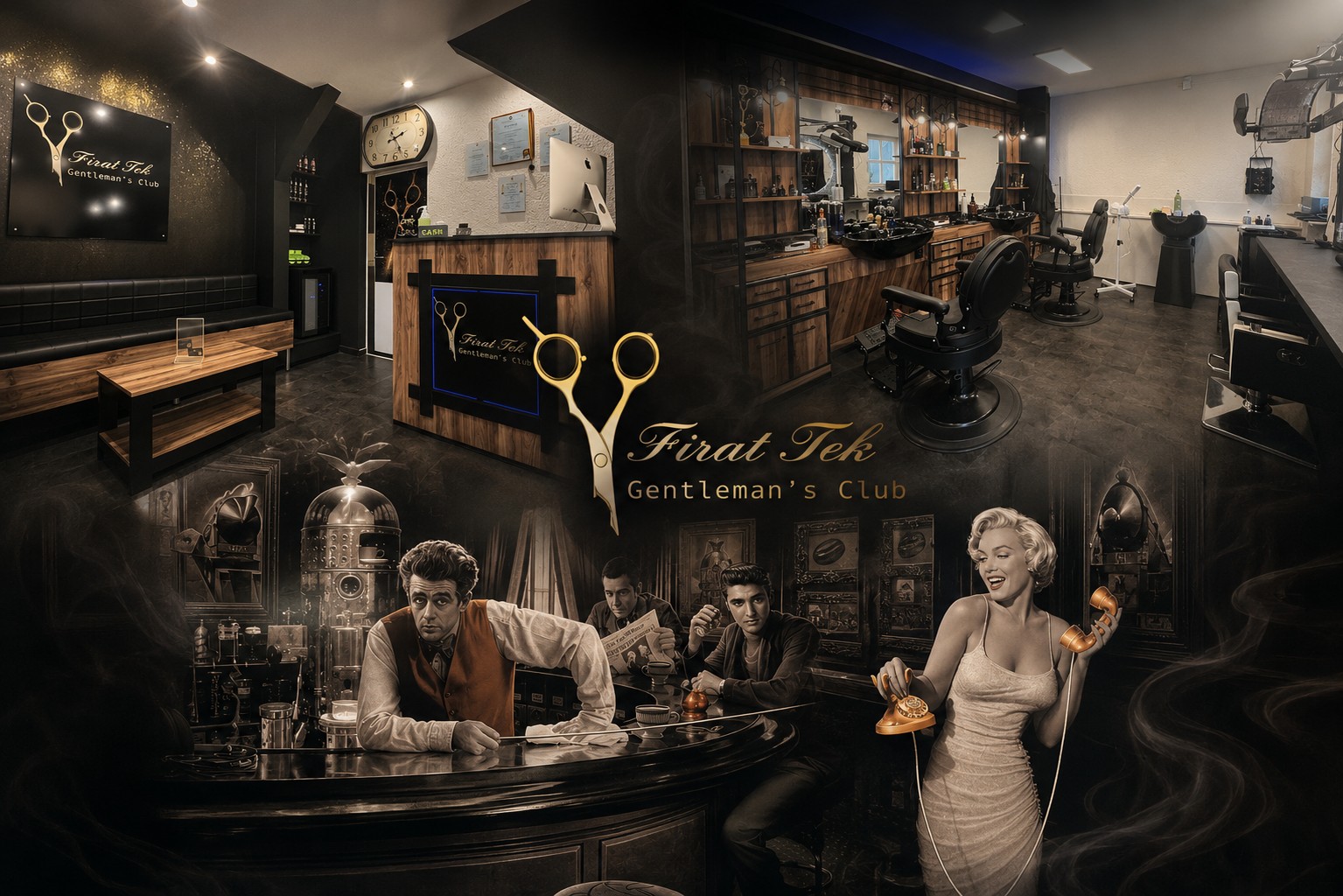 Salon-Fotografie: Eine kunstvolle Aufnahme der Barbershop-Einrichtung im Retro-Look.