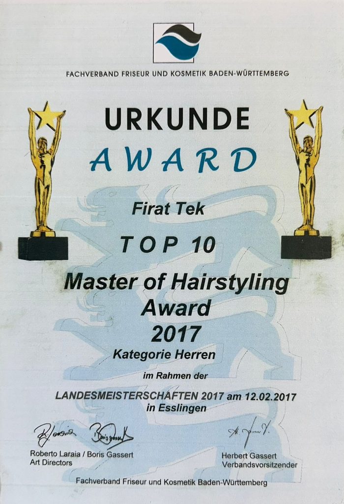 Urkunde Award: Eine Auszeichnung mit der Aufschrift „URKUNDE AWARD TOP 10 Master of Hairstyling Award 2017“.